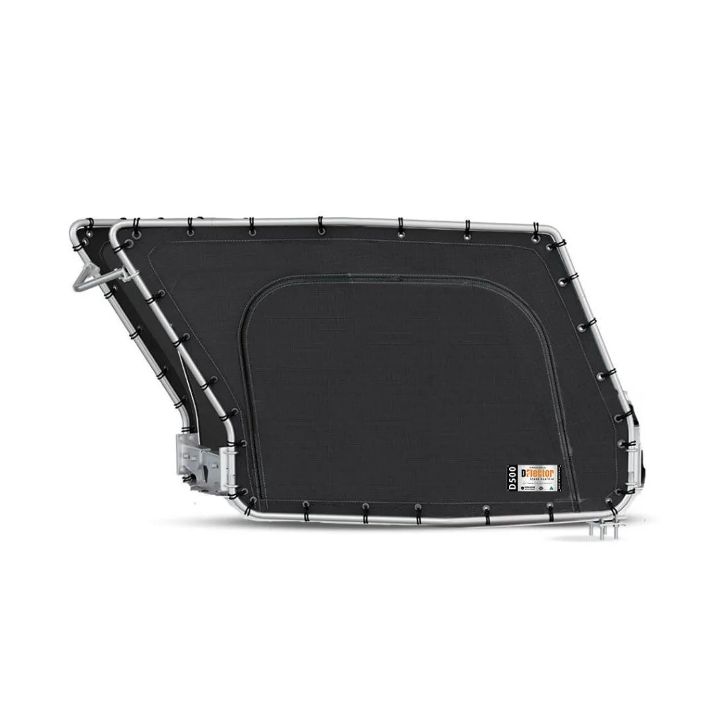 D-Flector boat stone guard with marine-grade 316 stainless steel frame and heavy-duty mesh, fitted to a boat trailer