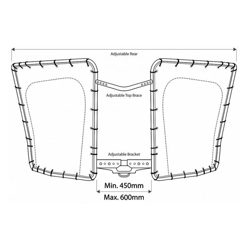 Front-view diagram of the D-Flector boat stone guard showing the adjustable rear, adjustable top brace and adjustable bracket with 450mm to 600mm centre spacing