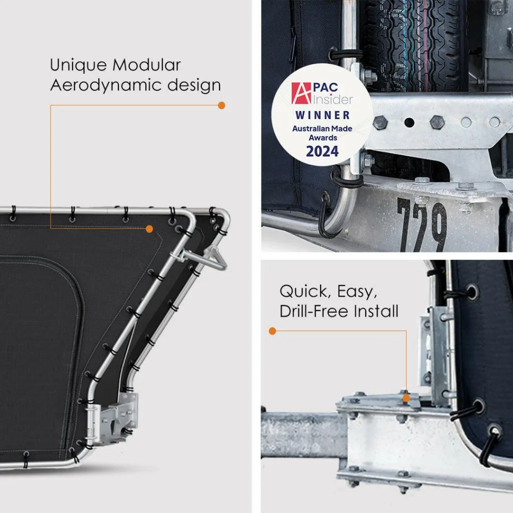 D-Flector boat stone guard modular aerodynamic frame, U-bolt mounting to a galvanised trailer chassis and the Australian Made Awards 2024 winner badge