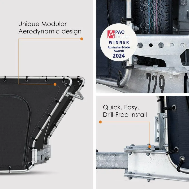 D-Flector boat stone guard modular aerodynamic frame, U-bolt mounting to a galvanised trailer chassis and the Australian Made Awards 2024 winner badge