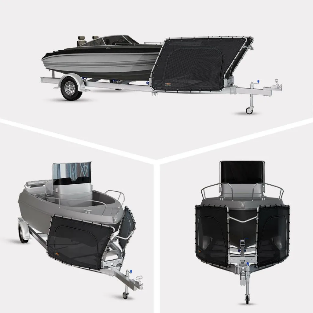 D-Flector stone guard fitted to a boat trailer, shown from the side, rear quarter and bow of a trailered runabout