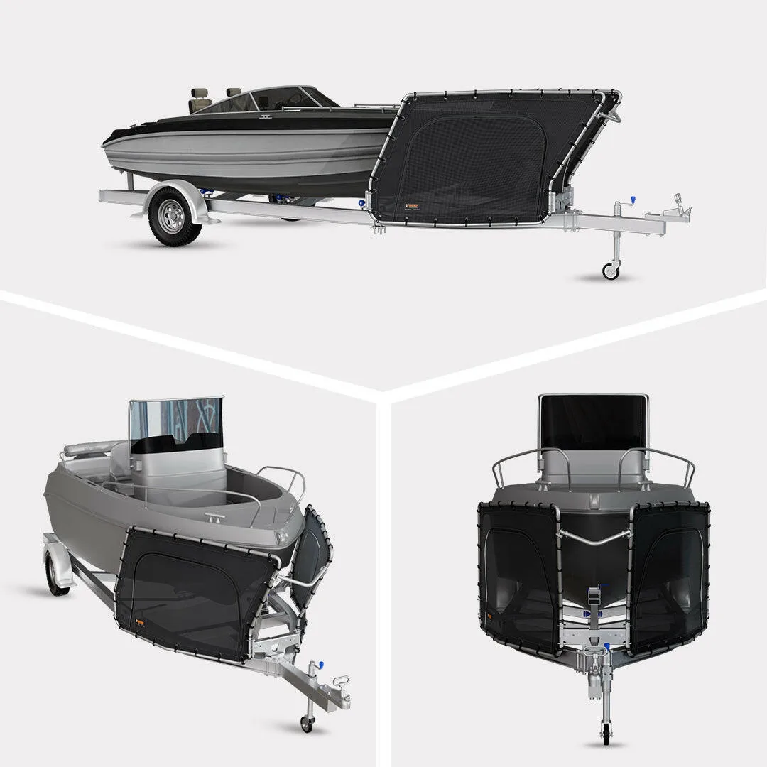 D-Flector stone guard fitted to a boat trailer, shown from the side, rear quarter and bow of a trailered runabout