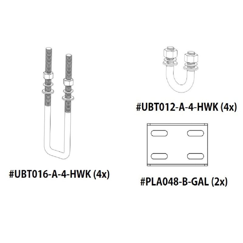 D-Flector boat stone guard rear kit SPK002 with four UBT016 U-bolts, four UBT012 U-bolts and two PLA048 plate fittings