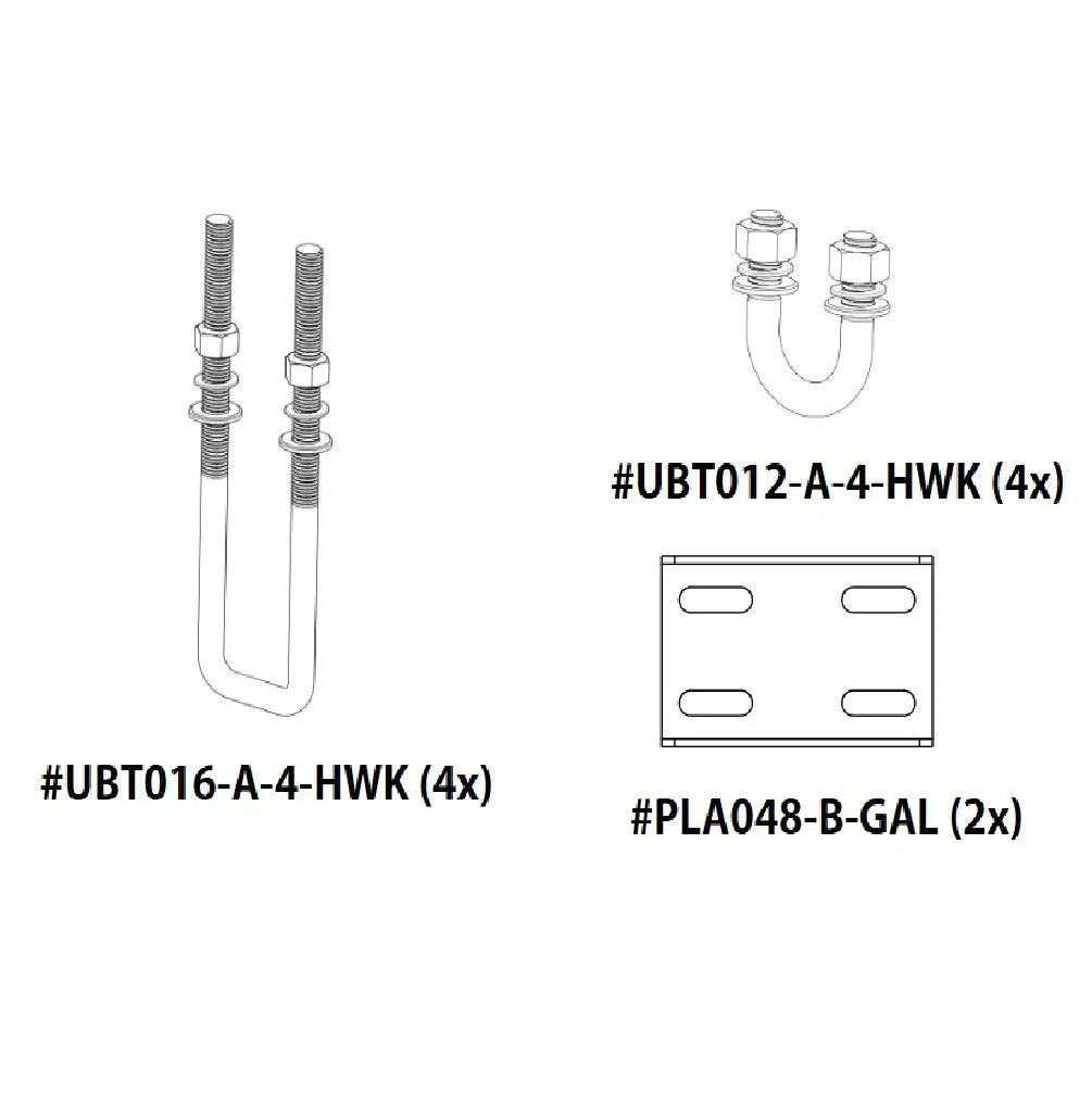 D-Flector boat stone guard rear kit SPK002 with four UBT016 U-bolts, four UBT012 U-bolts and two PLA048 plate fittings