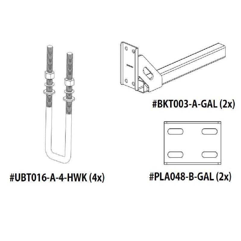 D-Flector boat stone guard rear kit SPK003 with four UBT016 U-bolts, two BKT003 mounting brackets and two PLA048 plate fittings