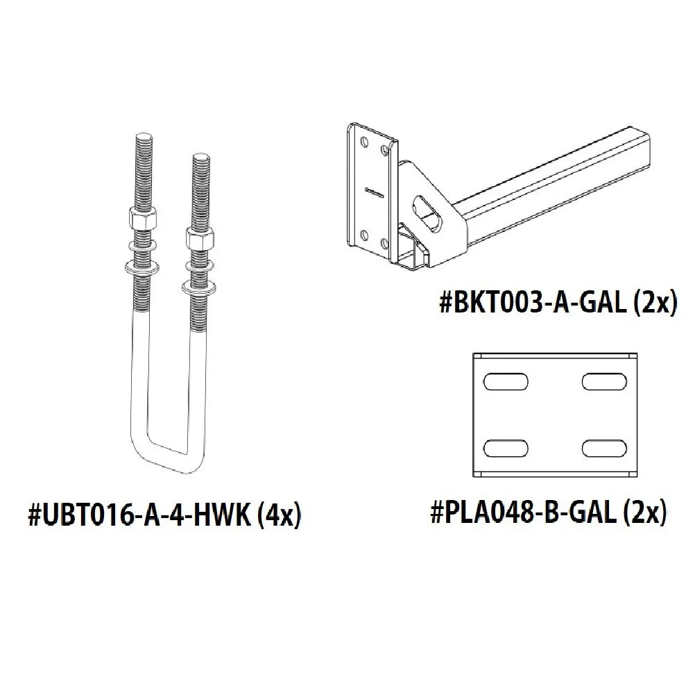 D-Flector boat stone guard rear kit SPK003 with four UBT016 U-bolts, two BKT003 mounting brackets and two PLA048 plate fittings