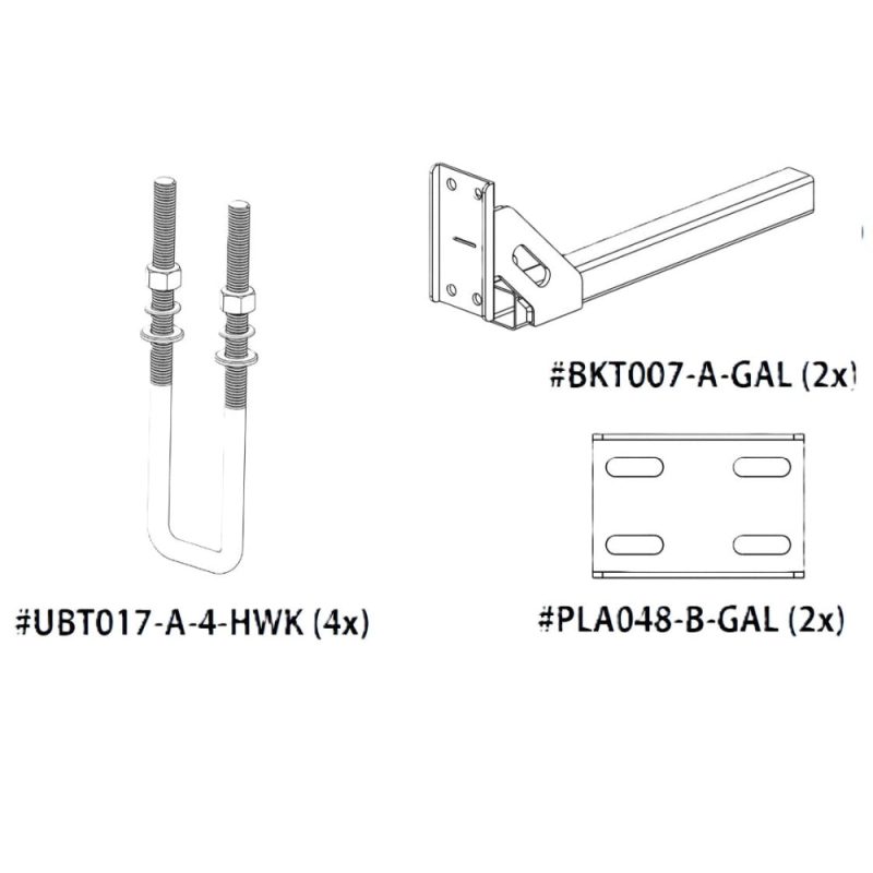D-Flector boat stone guard rear kit SPK004 with four UBT017 U-bolts, two BKT007 mounting brackets and two PLA048 plate fittings