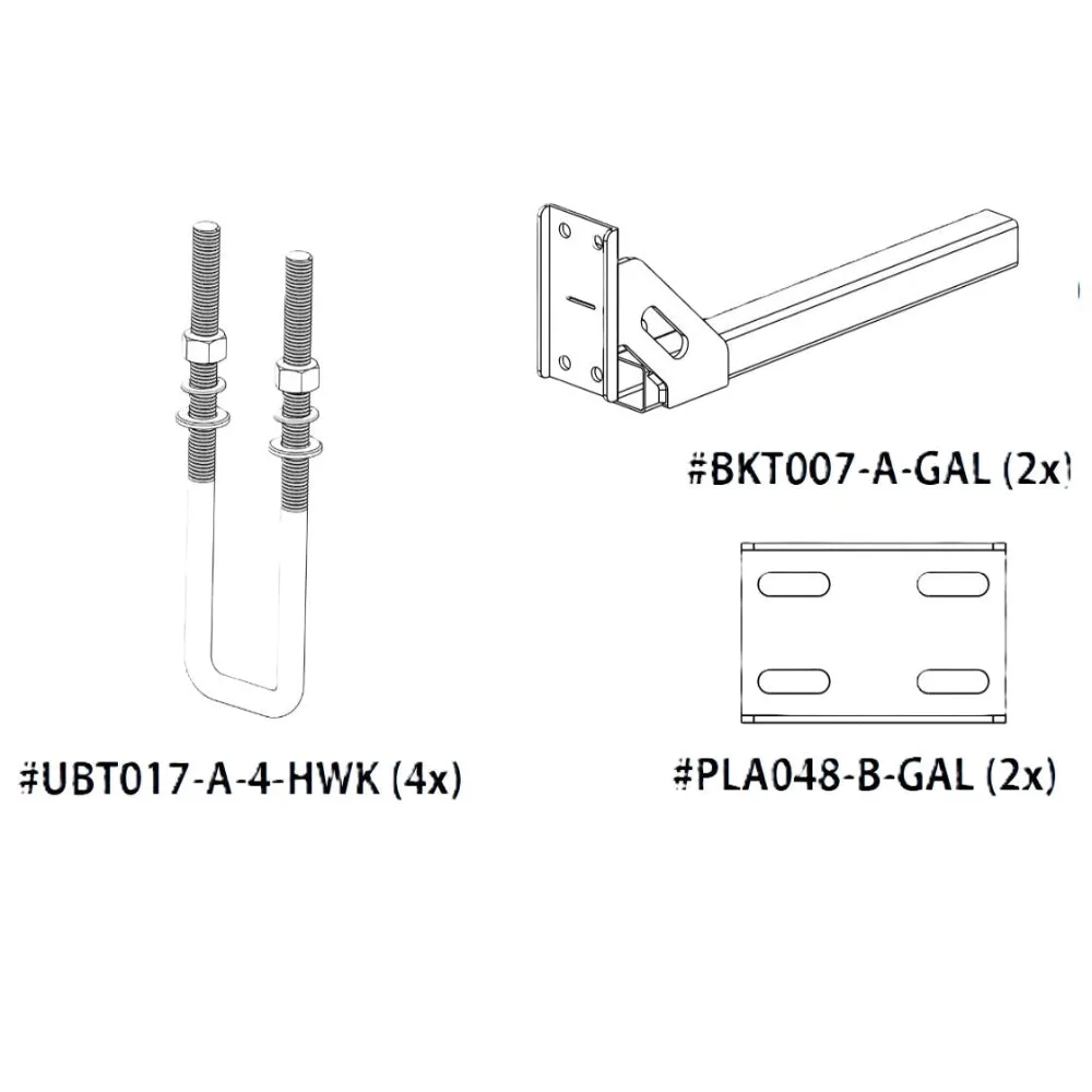 D-Flector boat stone guard rear kit SPK004 with four UBT017 U-bolts, two BKT007 mounting brackets and two PLA048 plate fittings