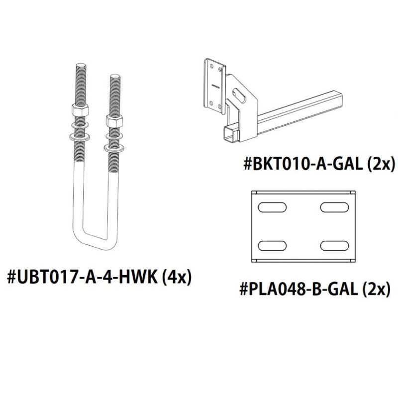 D-Flector boat stone guard rear kit SPK005 with four UBT017 U-bolts, two BKT010 mounting brackets and two PLA048 plate fittings