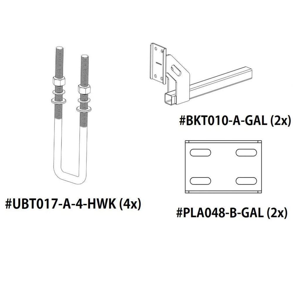 D-Flector boat stone guard rear kit SPK005 with four UBT017 U-bolts, two BKT010 mounting brackets and two PLA048 plate fittings
