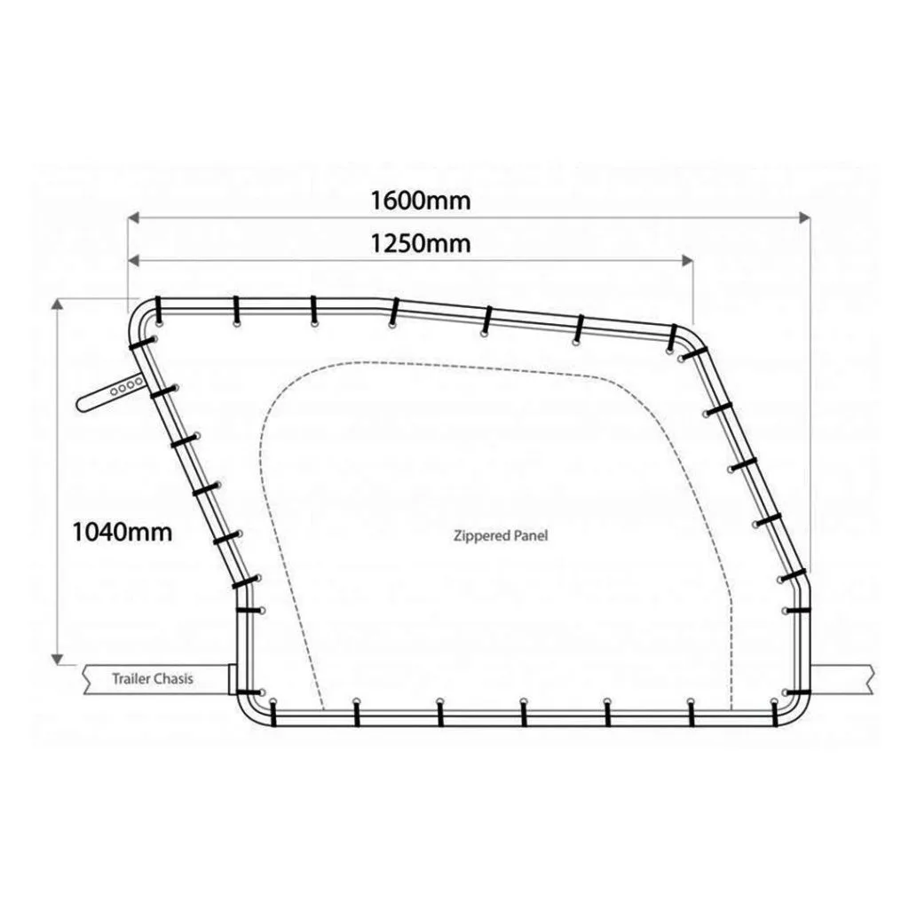 Side-view dimension diagram of a D-Flector boat stone guard showing 1600mm width, 1040mm height and the zippered access panel above the trailer chassis