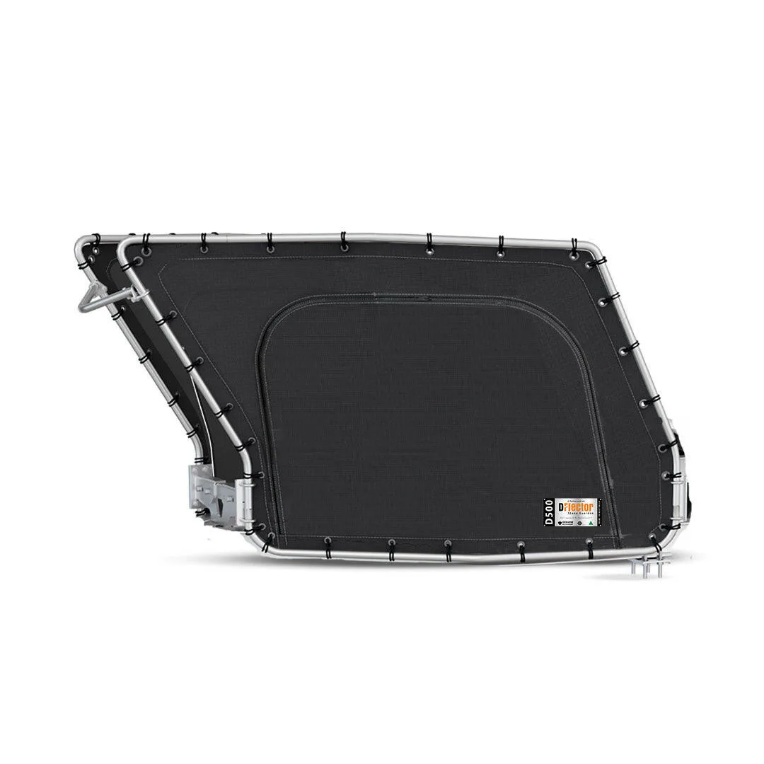 D-Flector boat stone guard with marine-grade 316 stainless steel frame and heavy-duty mesh, fitted to a boat trailer