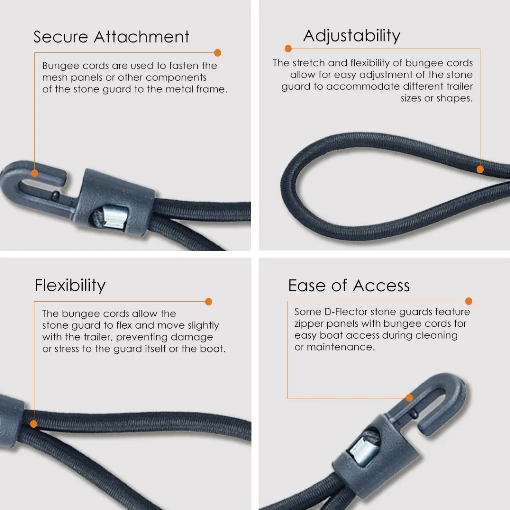 D-Flector stone guard bungee cord features: secure attachment, adjustability, flexibility and easy access to zipper panels