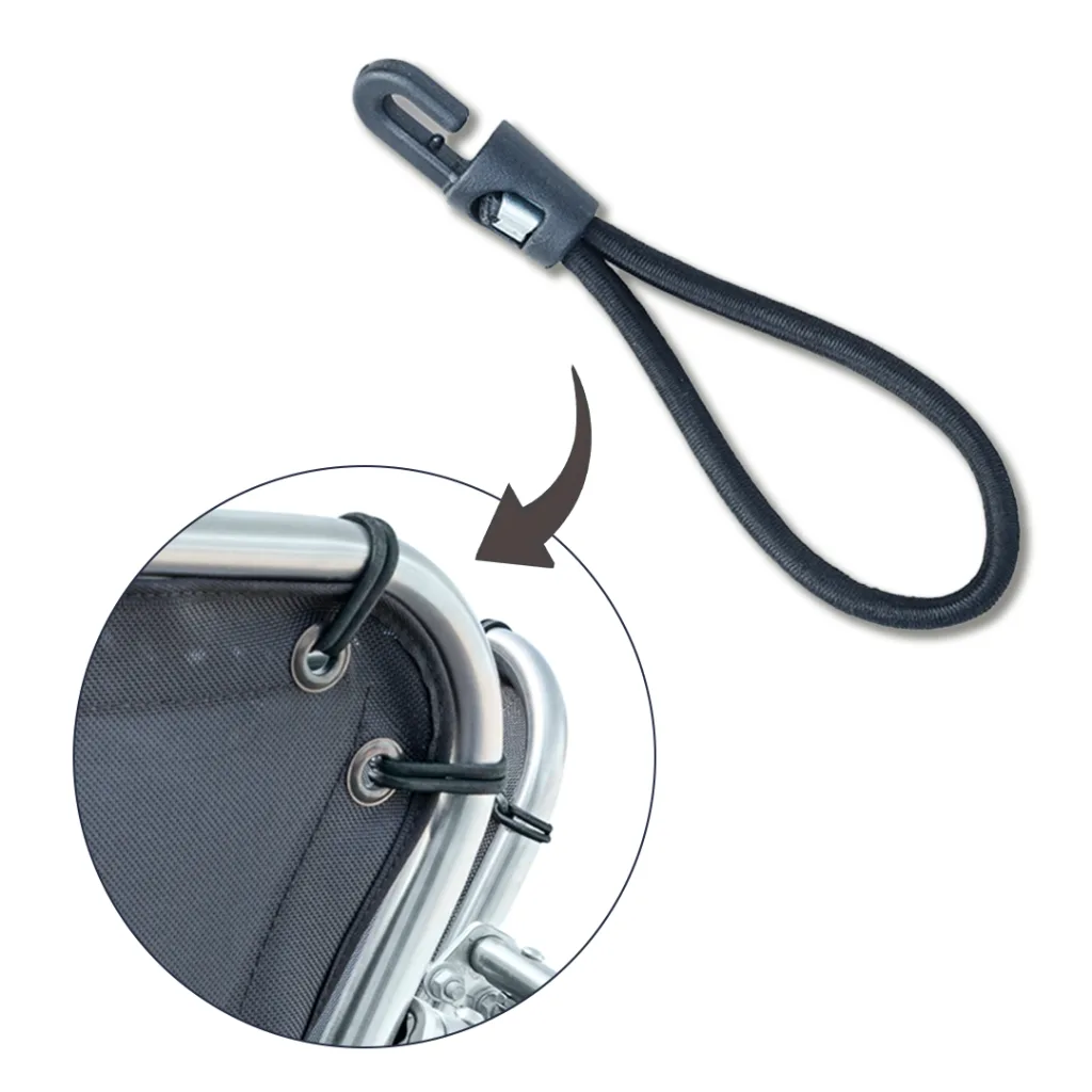 D-Flector hook and loop bungee cord with an inset showing it securing stone guard mesh to the stainless steel frame