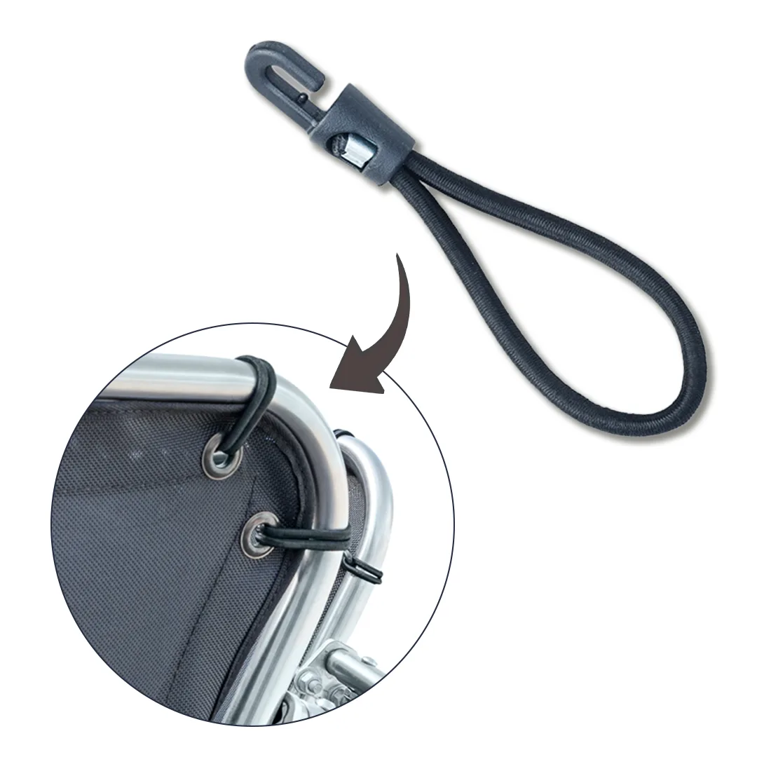 D-Flector hook and loop bungee cord with an inset showing it securing stone guard mesh to the stainless steel frame